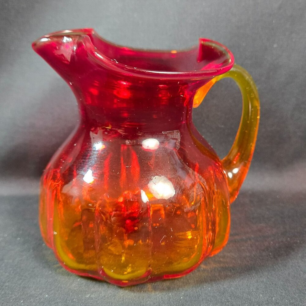 Small Amberina Art Glass Pitcher Red Orange Hand Blown Ribbed 5" Vintage Decor